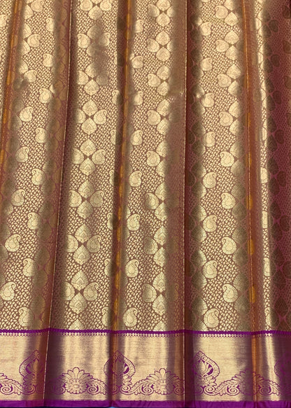 Vegan Silk Saree Golden Yellow Colour with Pink and Copper Border