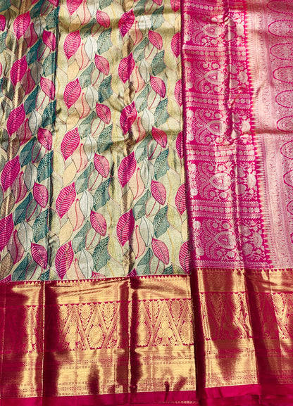 Green & Pink Leaf Soft Kanchi Tissue Pattu Saree with Pink border