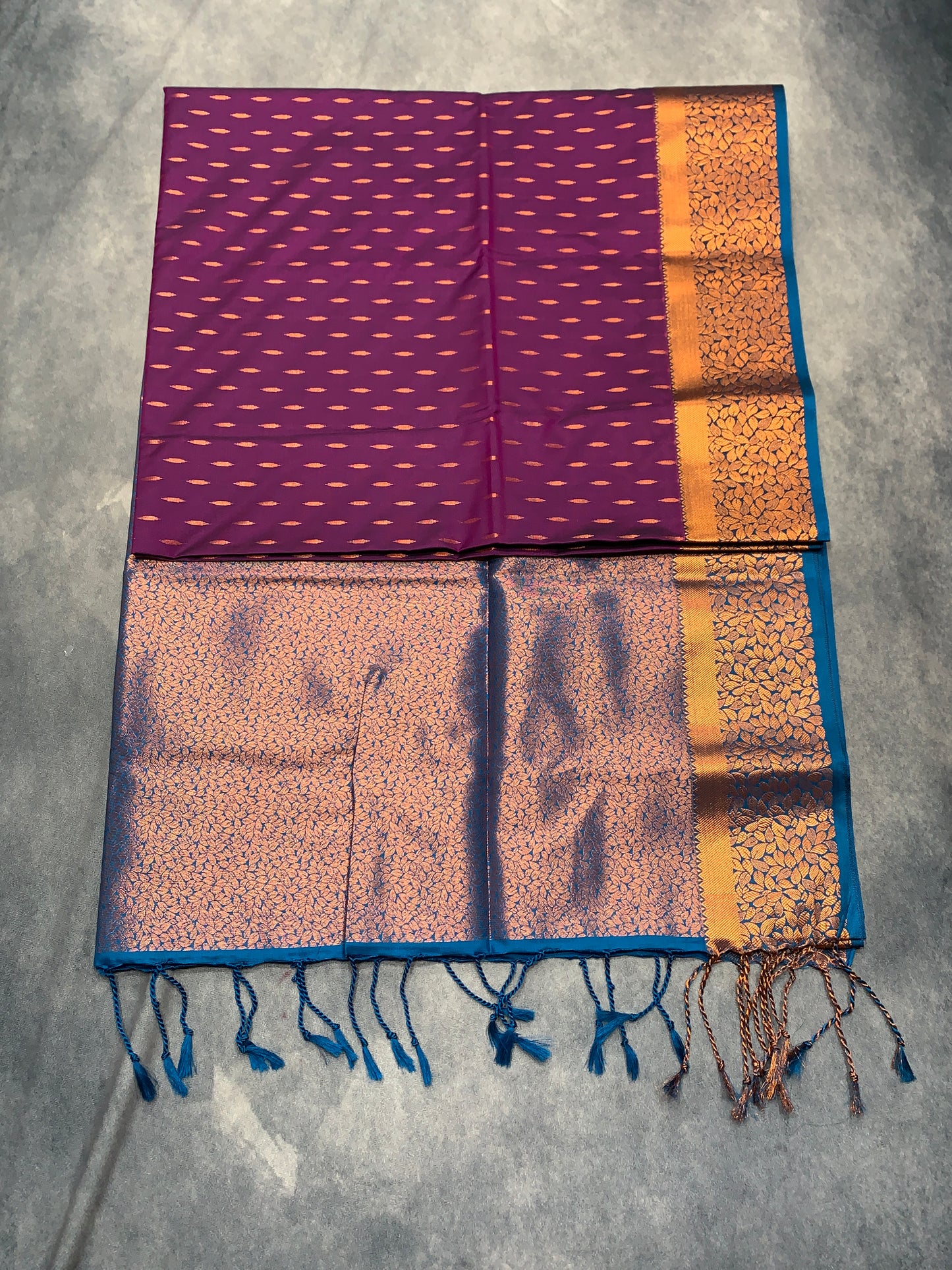 Soft Vegan Silk Saree Magenta Colour with Sky Blue and Copper Border