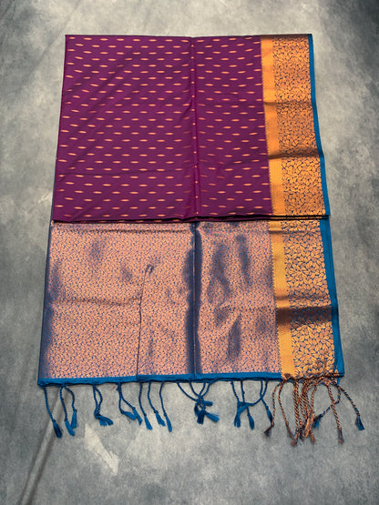 Soft Vegan Silk Saree Magenta Colour with Sky Blue and Copper Border