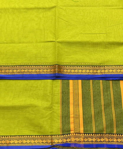 Chettinad Cotton Saree Lime Green Colour with Blue Colour with Thread Work Border