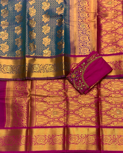Bridal Vegan Silk Saree Peacock Blue shade with Purple Border with Unstitched blouse in Aari Work