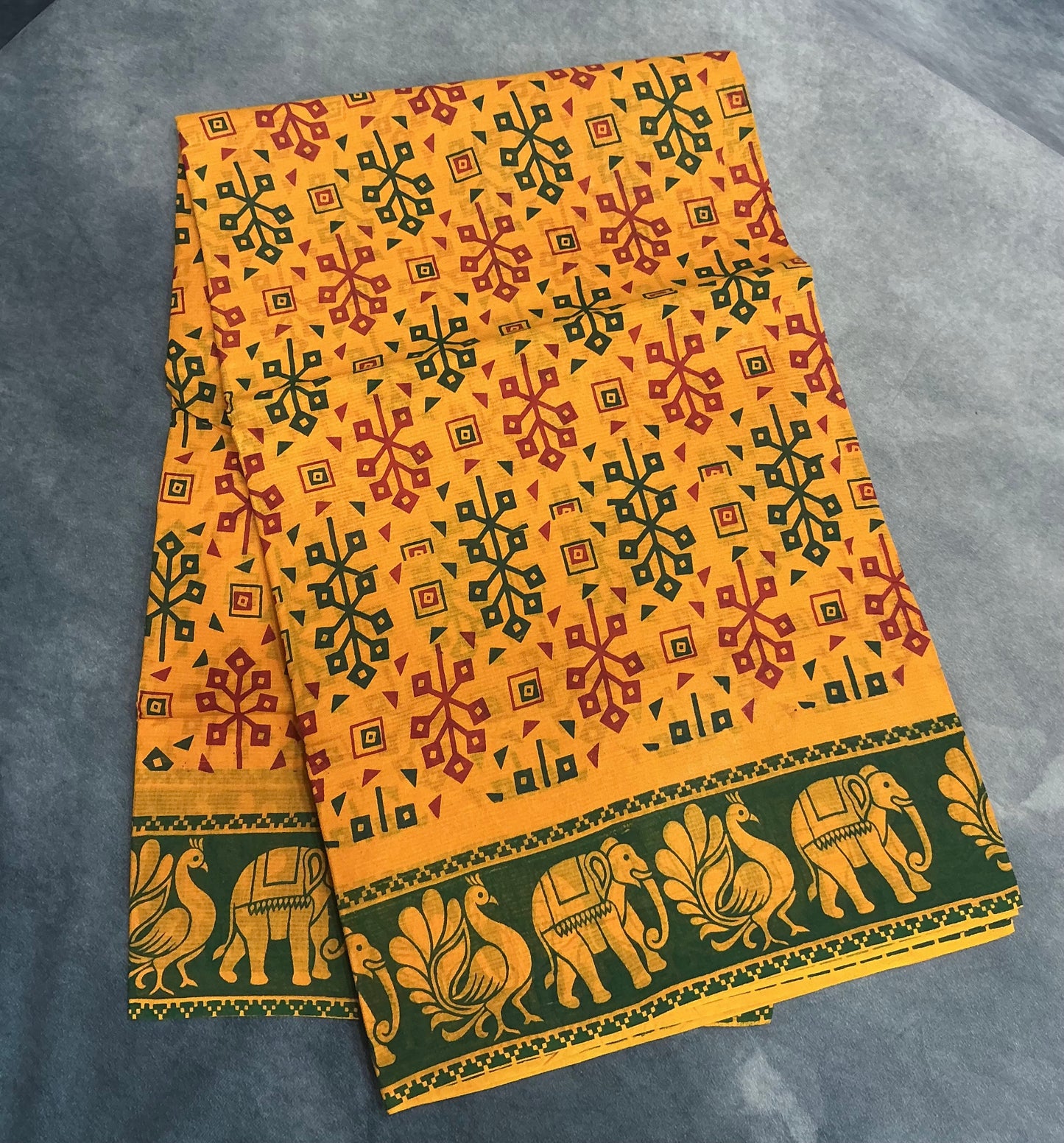 Chettinad Sungudi Cotton Mustard Yellow Colour with Bottle Green Colour Border