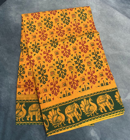 Chettinad Sungudi Cotton Mustard Yellow Colour with Bottle Green Colour Border