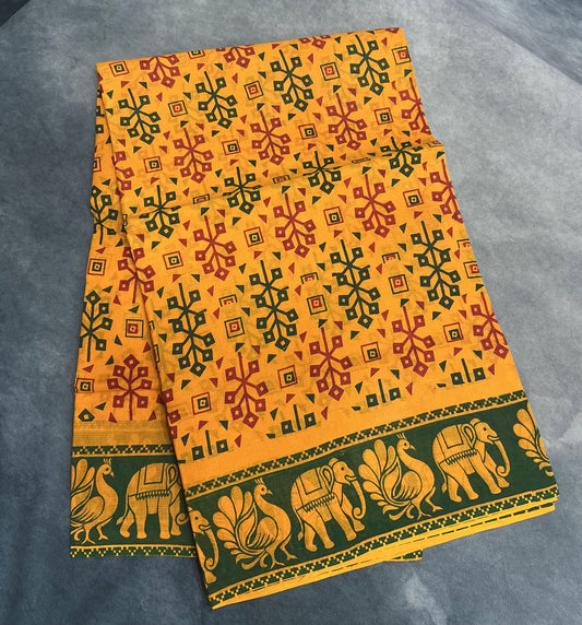 Chettinad Sungudi Cotton Mustard Yellow Colour with Bottle Green Colour Border