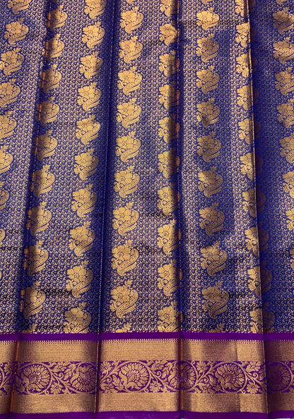 Vegan Silk Saree Blue Colour with Copper and Magenta Border