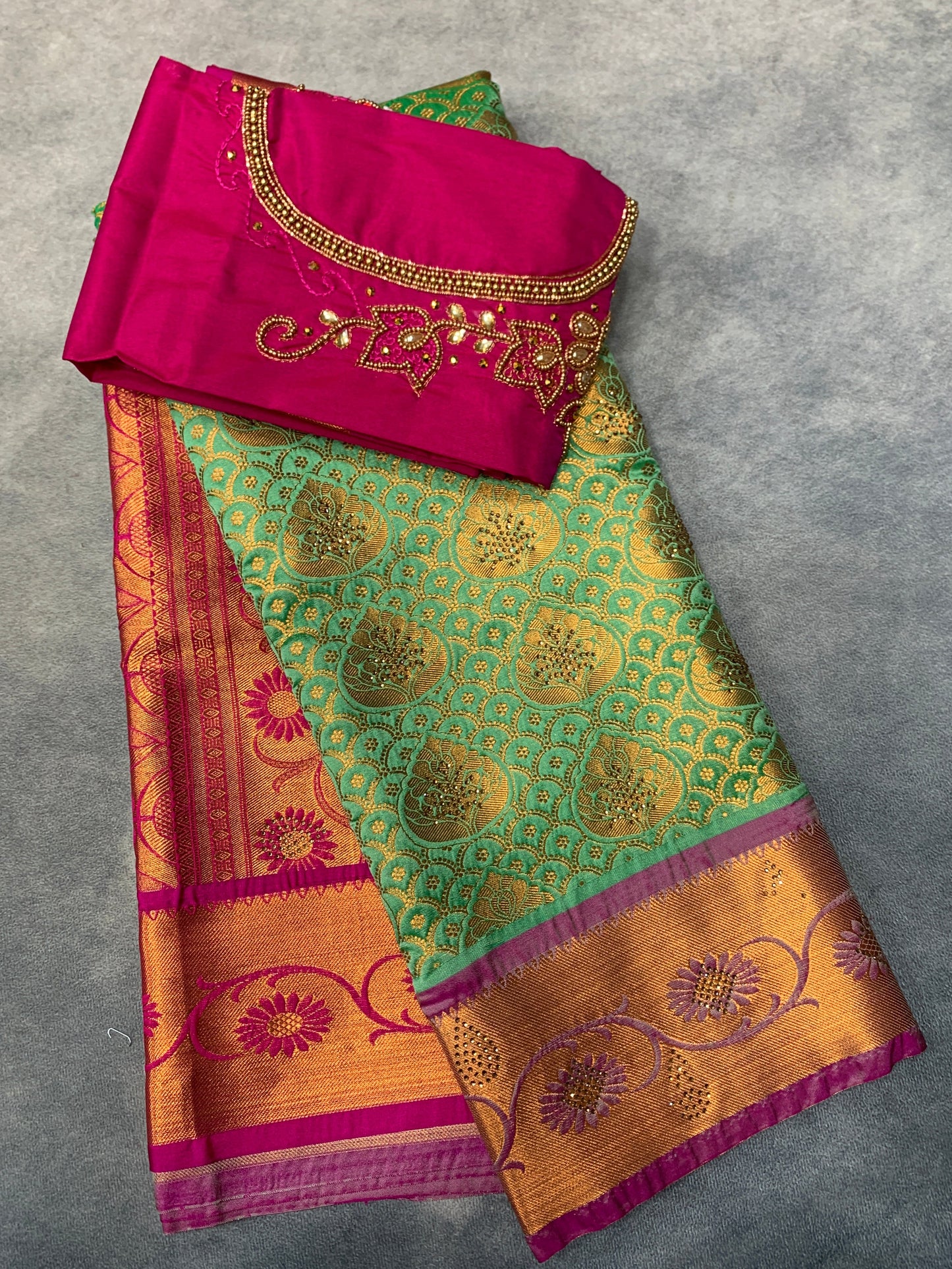 Bridal Vegan Silk Saree Light Green Colour with Pink Border with Unstitched blouse in Aari Work