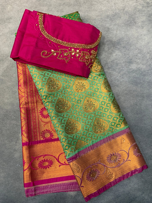 Bridal Vegan Silk Saree Light Green Colour with Pink Border with Unstitched blouse in Aari Work