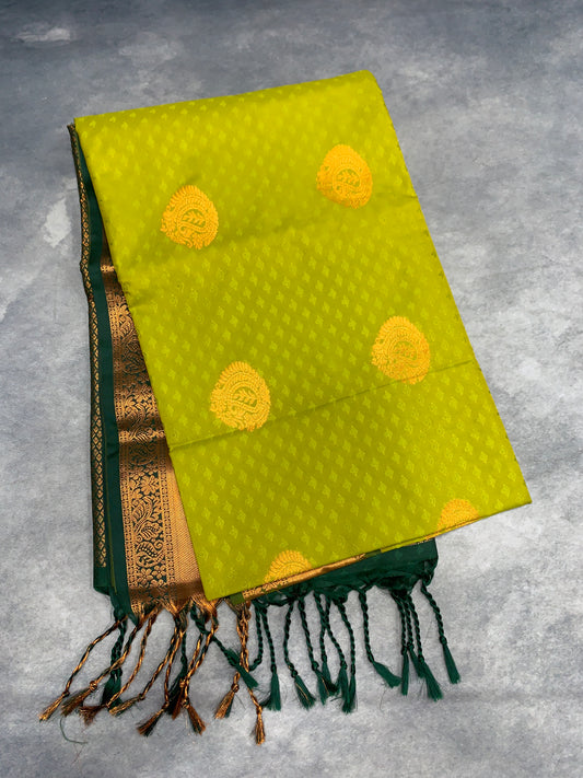 Soft Vegan Silk Saree Lime Green Colour with Green and Copper Border