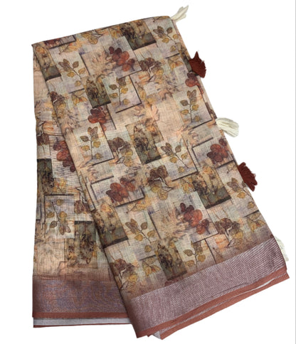 Jute Cotton Saree Brown Shade with Thread Border