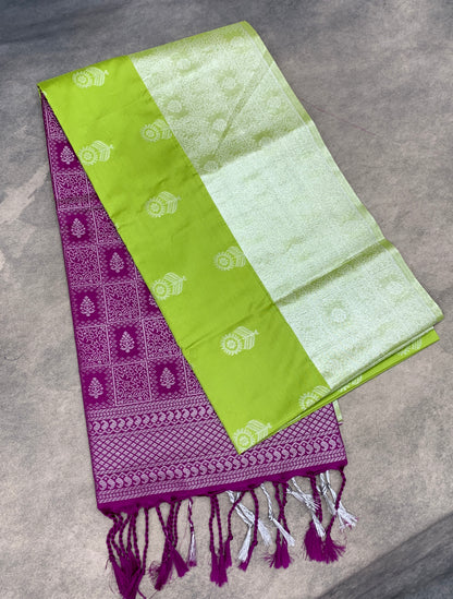 Art Silk Saree Apple Green Colour with Sliver Zari Border