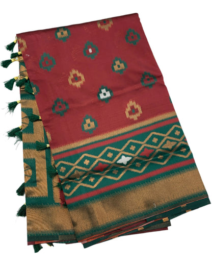 Pochampalli Semi Silk Saree Maroon Colour with Green Border