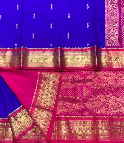 Pure Kanchipuram Silk Blue Colour with Pink Border