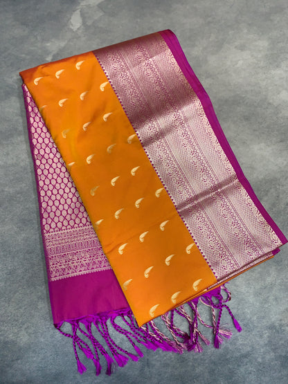 Art Silk Saree Mango Yellow Colour with Pink Colour Border