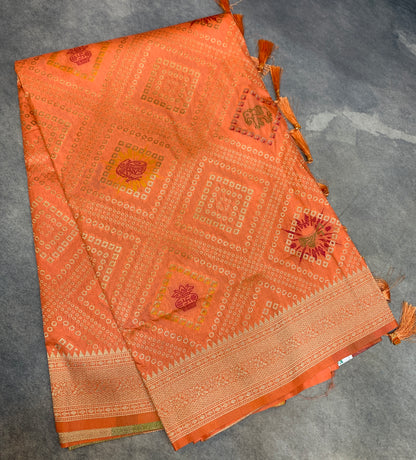 Banaras Soft Silk Saree Light Orange Colour with Sliver Colour Floral Design Border