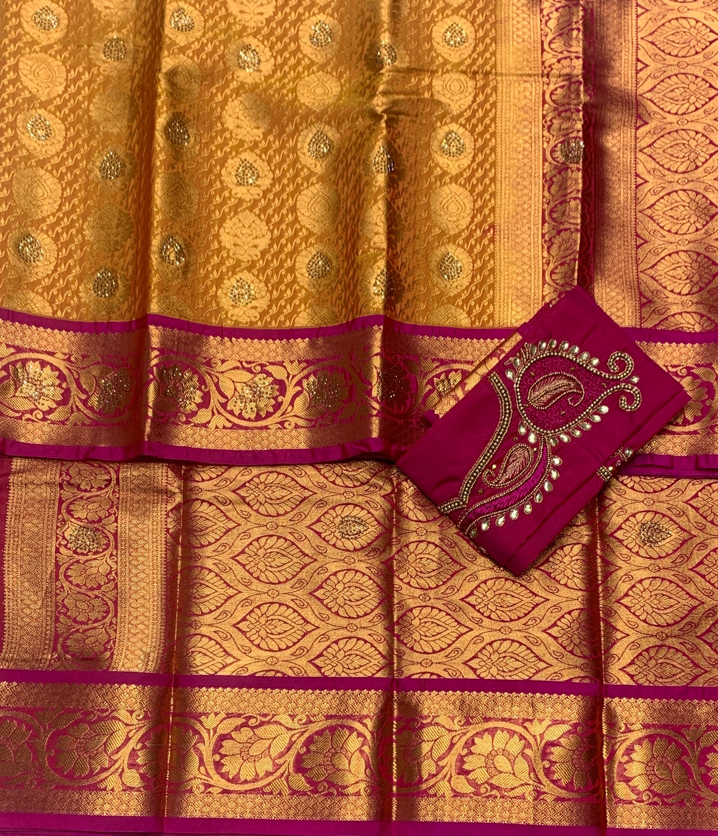 Bridal Vegan Silk Saree Golden Yellow shade with Pink Border with Unstitched blouse in Aari Work