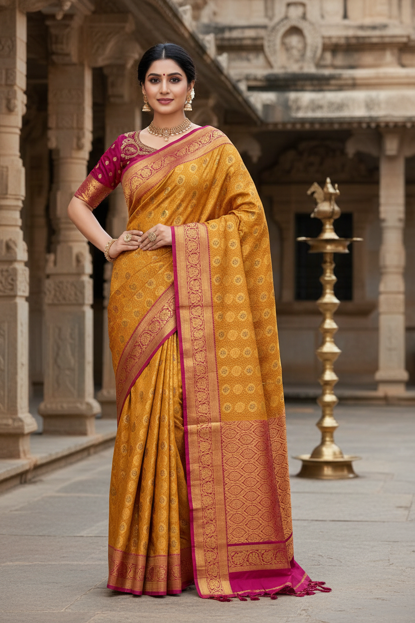 Bridal Vegan Silk Saree Golden Yellow shade with Pink Border with Unstitched blouse in Aari Work