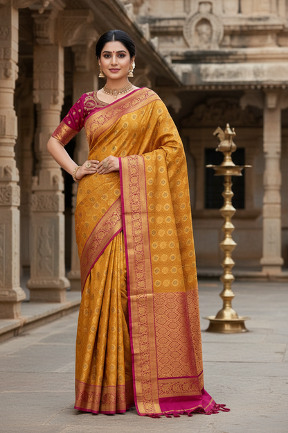 Bridal Vegan Silk Saree Golden Yellow shade with Pink Border with Unstitched blouse in Aari Work