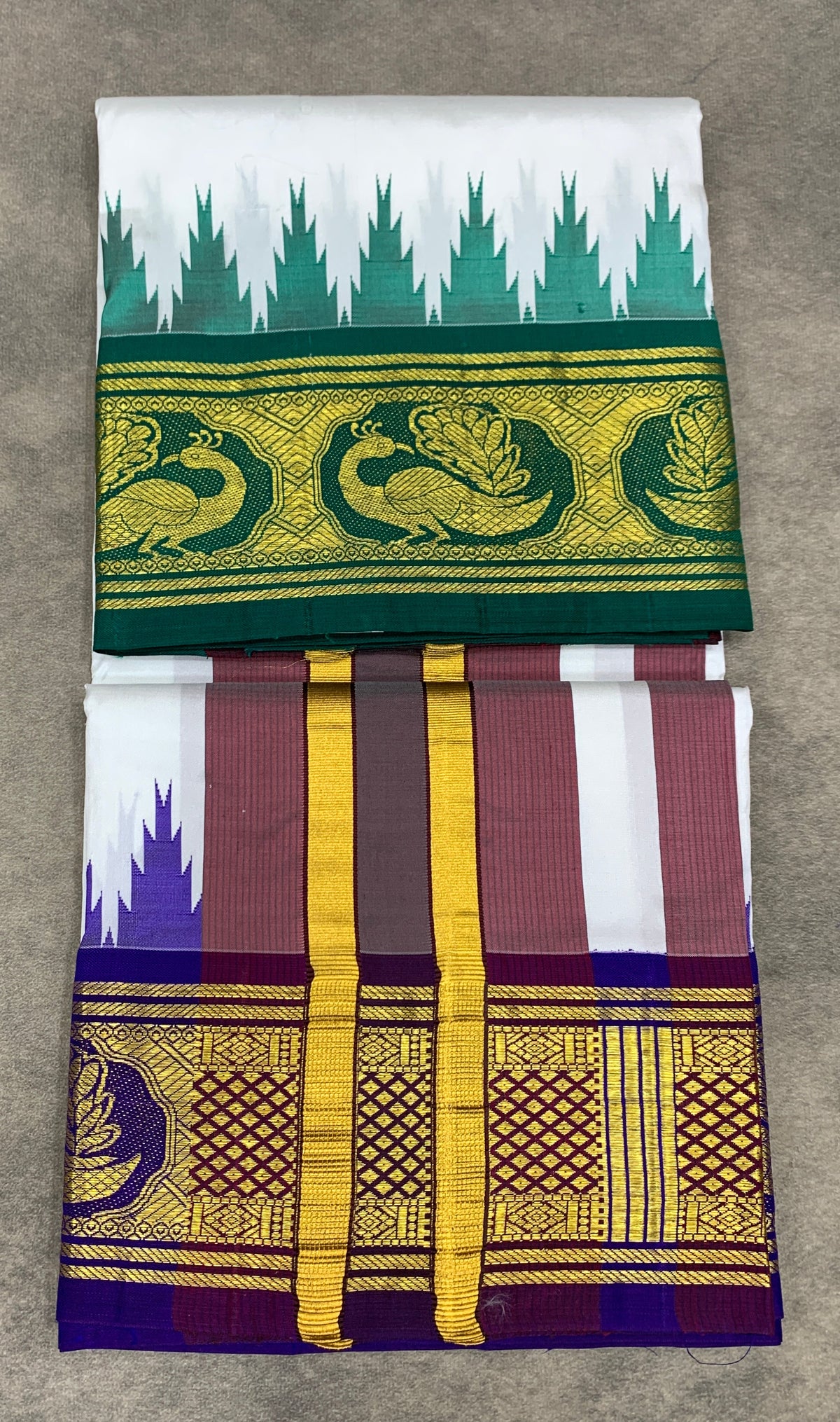 6 Mulam Silk Pooja Towel White Colour with Ganga Jamuna Korvai Border
