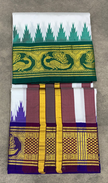 6 Mulam Silk Pooja Towel White Colour with Ganga Jamuna Korvai Border