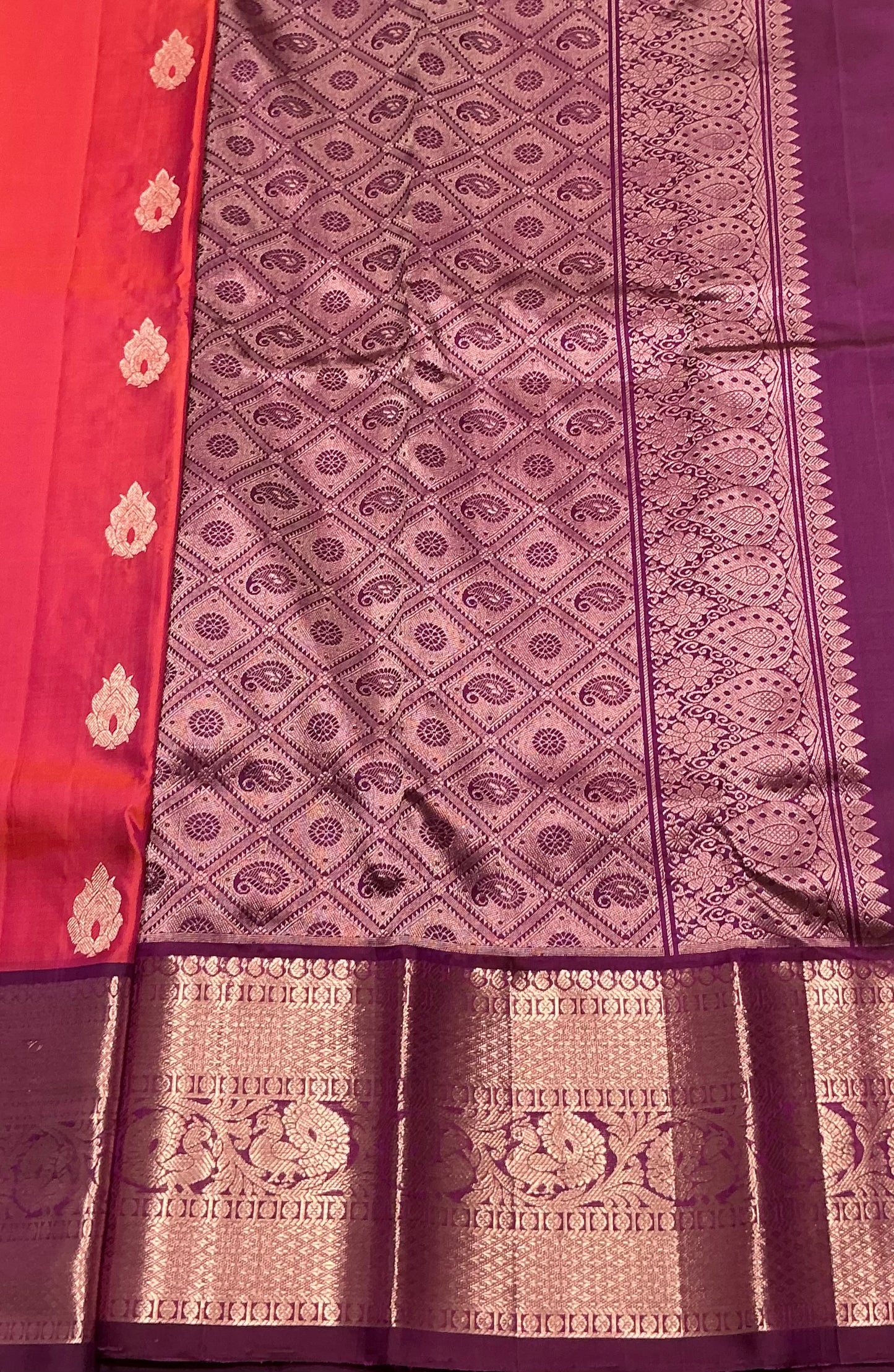 Pure Kanchipuram Silk Saree Peachish Pink Colour with Dark Magenta Border