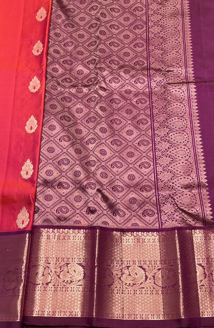 Pure Kanchipuram Silk Saree Peachish Pink Colour with Dark Magenta Border