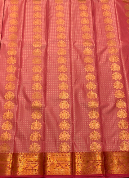 Vegan Silk Saree Peach Pink Colour Saree with Copper Border