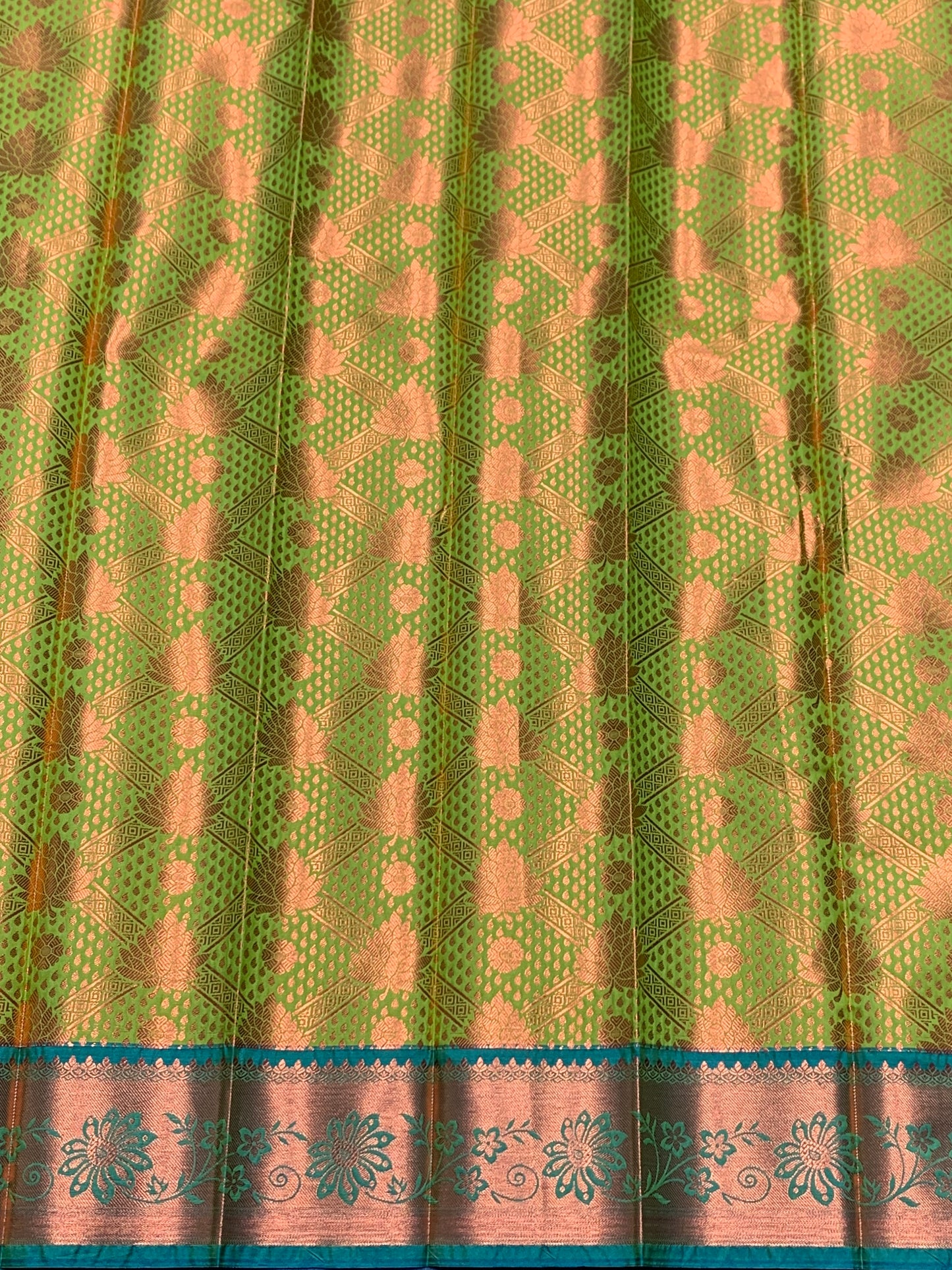 Vegan Silk Saree Lime Green Colour with light Green and Copper Border
