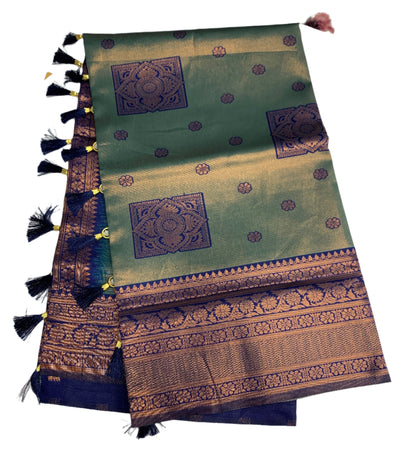 Art Silk Peacock Green Colour Saree with Navy Blue Border