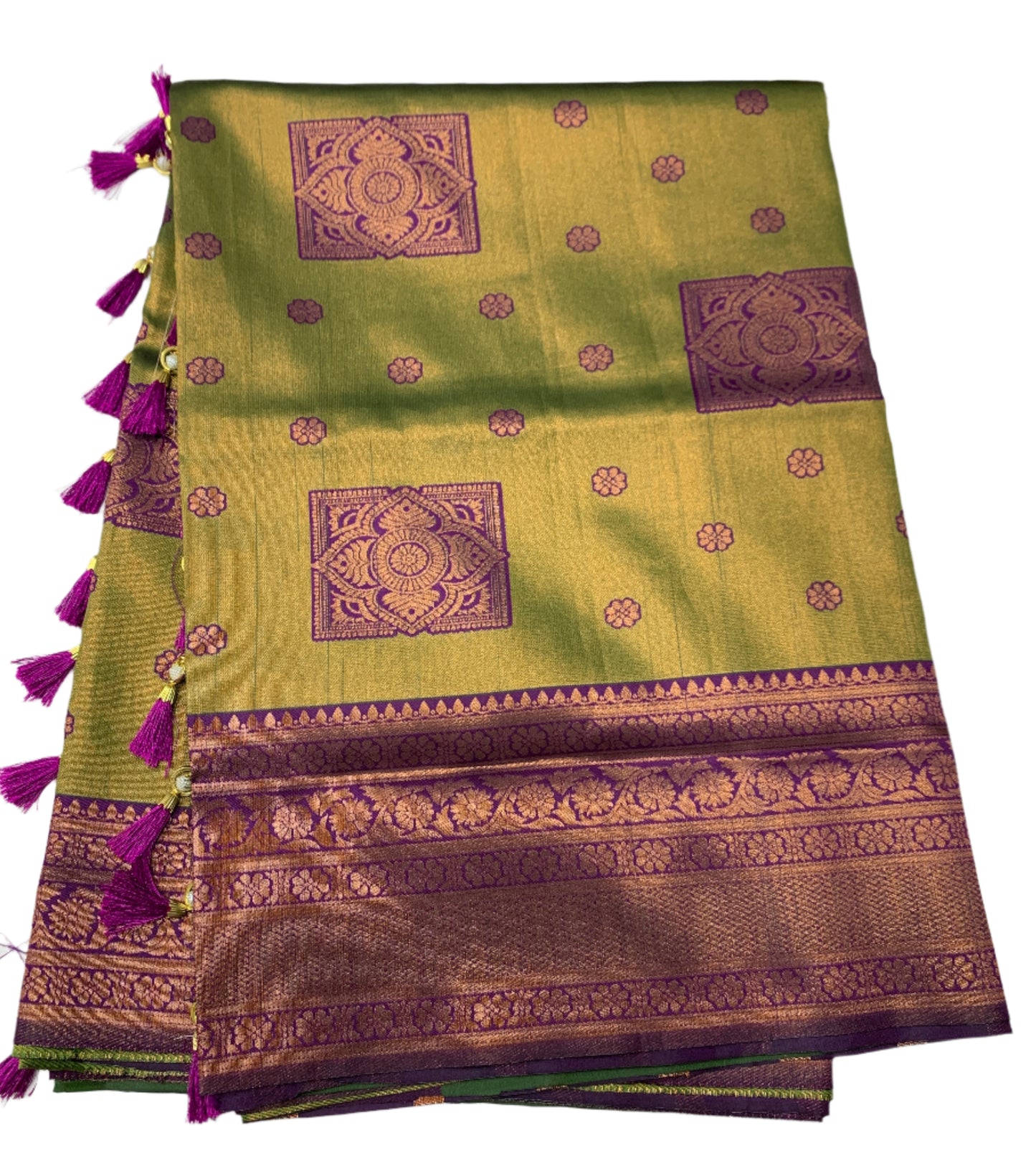 Art Silk Olive Green Colour Saree with Magenta Border