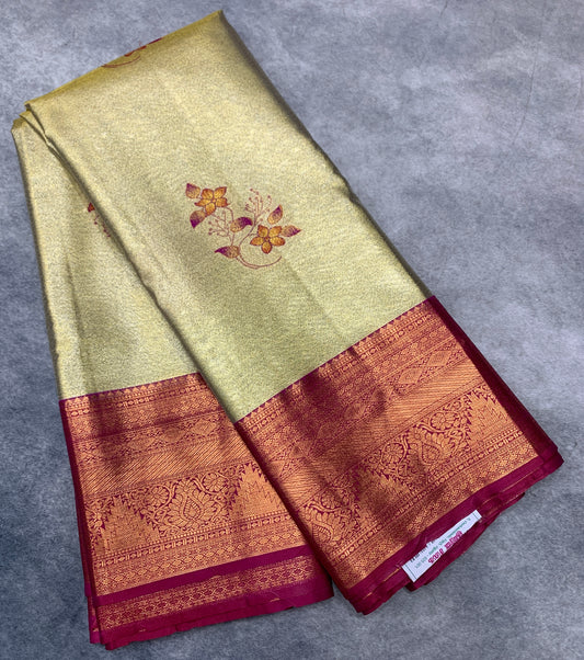 Fancy Tissue Saree Golden Colour with Pink Border