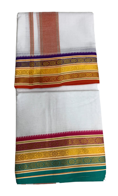 9X5 Cotton Dhoti White Colour with Violet,Red and Yellow Border