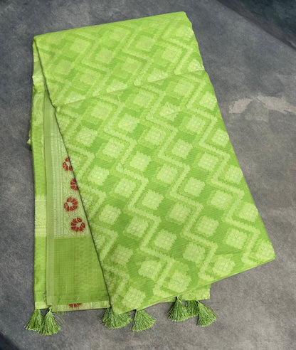 Chettinad Cotton Saree Lime Green Colour with Red Floral Motifs Sliver Zari Base Border