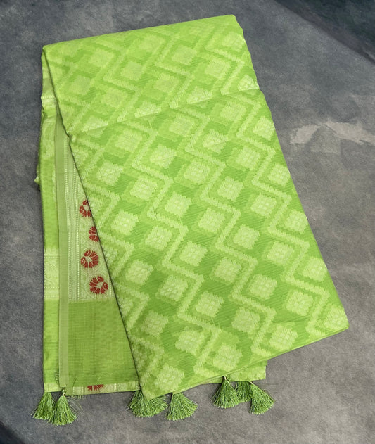Chettinad Cotton Saree Lime Green Colour with Red Floral Motifs Sliver Zari Base Border