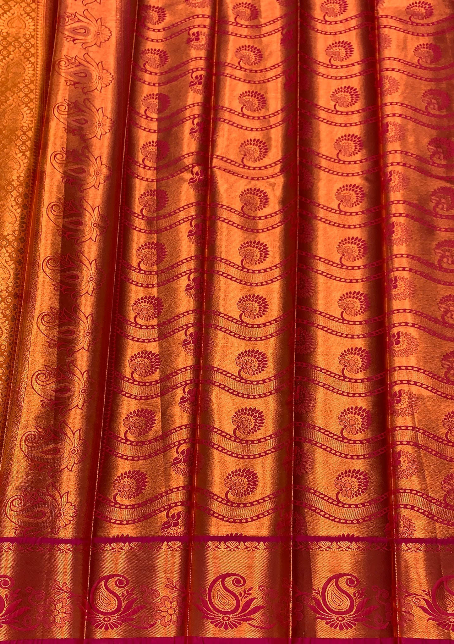 Vegan Silk Saree Golden Yellow Colour with Pink and Copper Border