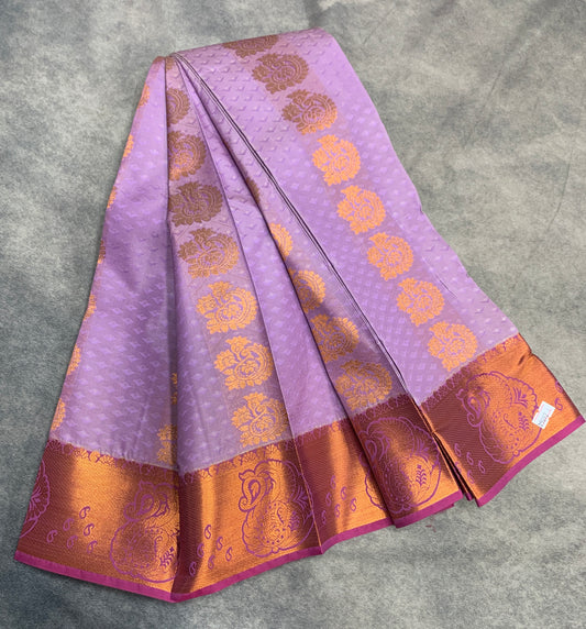 Vegan Silk Saree Lavender Colour Saree with Copper and Pink Border