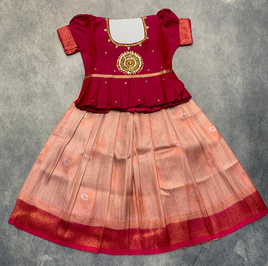 Ready To Wear Peach Pink Colour Pavadai with Contrast Dark Pink Colour Blouse
