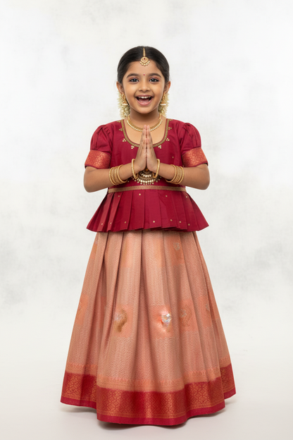 Ready To Wear Peach Pink Colour Pavadai with Contrast Dark Pink Colour Blouse
