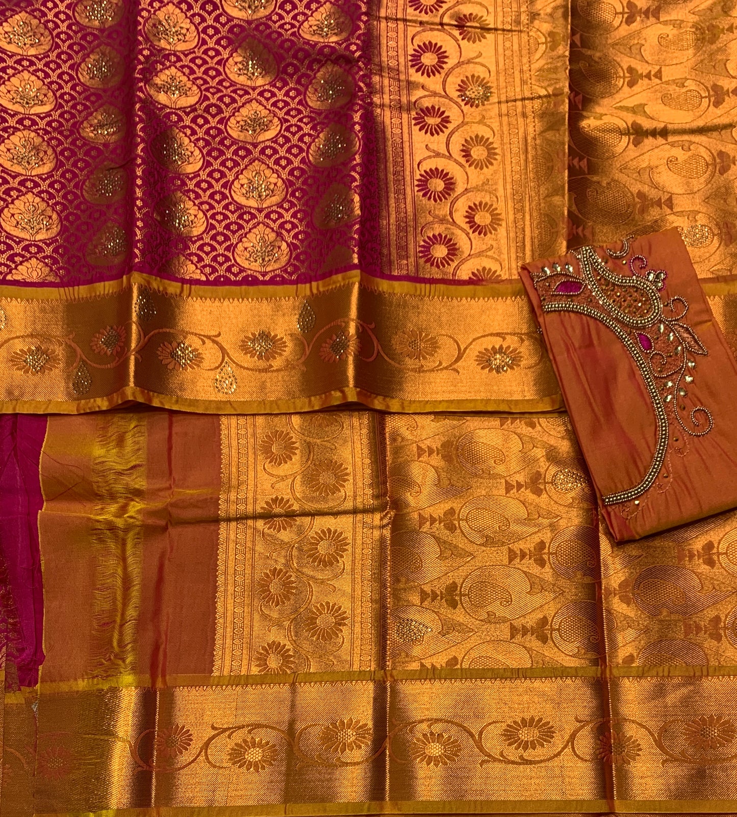 Bridal Vegan Silk Saree Pink Colour with Golden Yellow Border with Unstitched blouse in Aari work