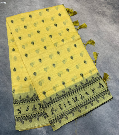 Banaras Katan Saree Yellow Colour with Katan Work Border