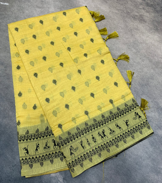 Banaras Katan Saree Yellow Colour with Katan Work Border