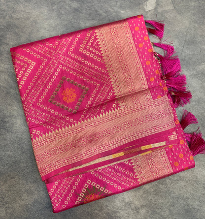 Banaras Soft Silk Saree Pink Colour with Sliver Colour Floral Design Border