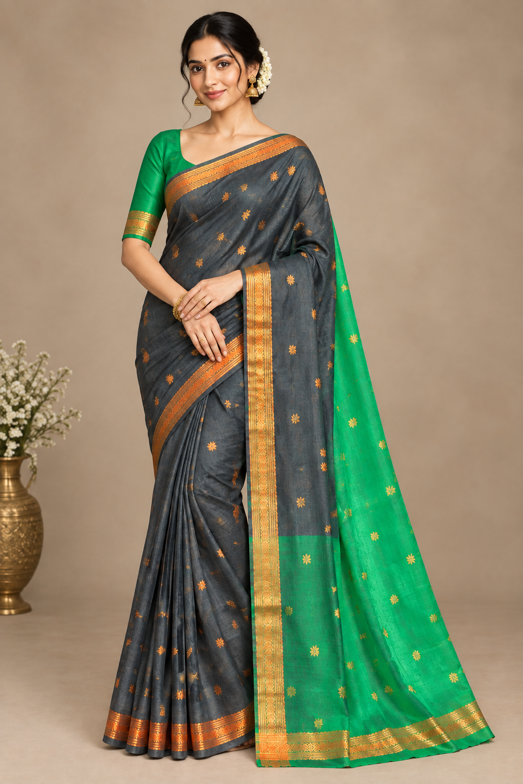 Grey Colour Silk Cotton Saree with Copper Zari Border