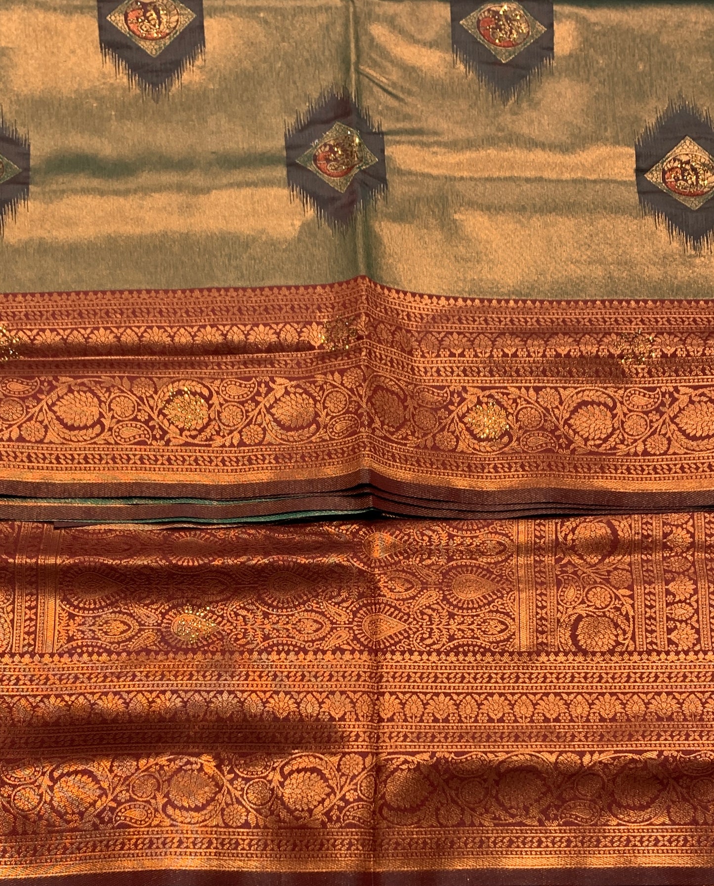 Art Silk Saree Green Colour and Stone Work with Brown Border