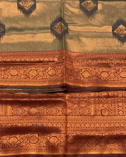 Art Silk Saree Green Colour and Stone Work with Brown Border
