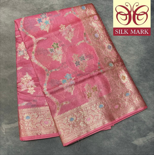 Pure Tussar Silk Saree Rose Pink Colour With Heavy Traditional Floral Zari Border