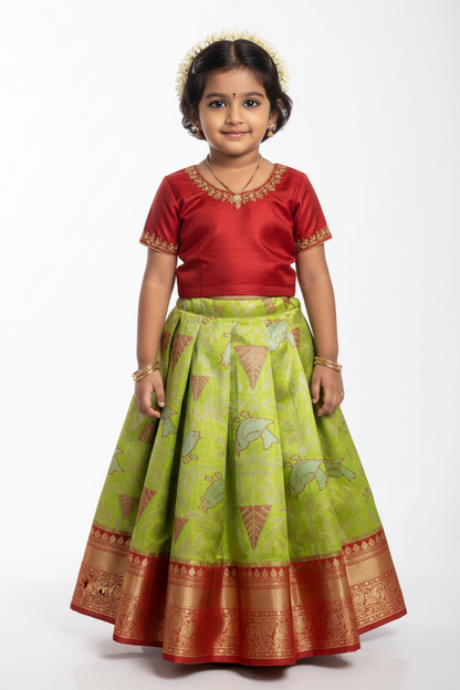 Apple Green Shade Vegan Silk Kids Pattu Pavadai with Contrast Border for Newborn to 2 Years