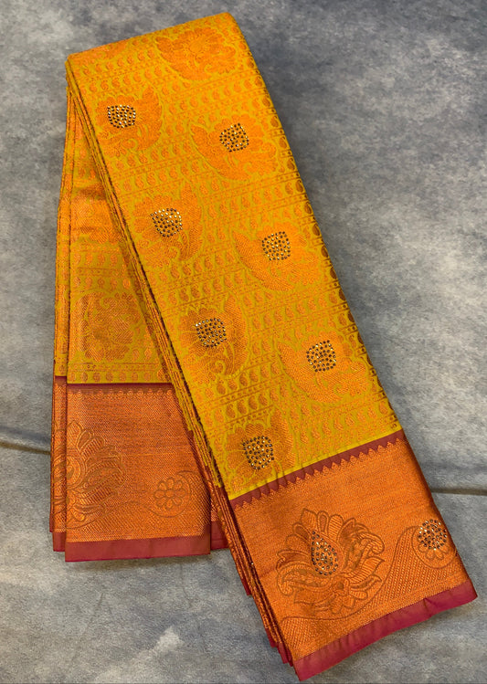 Bridal Vegan Silk Saree Yellow Colour with Copper Border