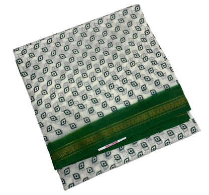 9 yards Cotton Saree White Colour with Light Green Border