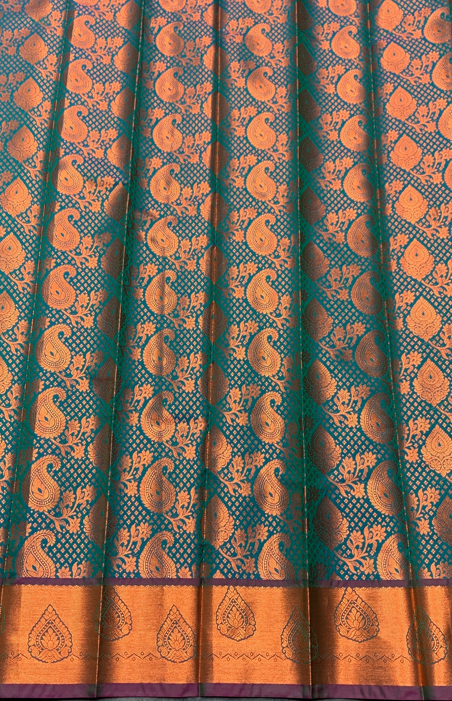 Vegan Silk Saree Peacock Green Colour with Pink and Copper Border
